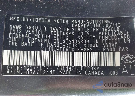2013 Toyota Corolla S from USA, damaged, VIN 2T1BU4EE6DC049885